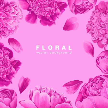 Square template for posts in social networks, posters and banners with discounts in stores. Floral background with frame of highly realistic pink peonies and petal. Greeting card or wedding invitationのイラスト素材