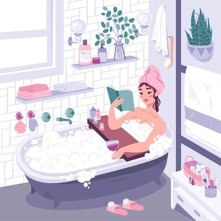 Cute vector illustration in flat cartoon style with girl taking bath and reading book. Concept of personal care, time for yourself. Cozy bathroom interior with household items, cosmetics, washcloths.のイラスト素材
