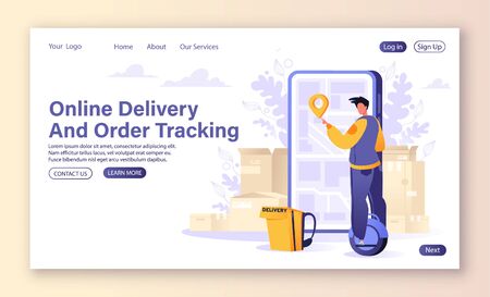 Online delivery service concept for landing page template. Online order tracking, delivery to home and office. Young man courier marks delivery place on map. Vector, flat, cartoon illustration.のイラスト素材
