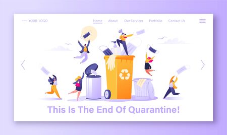 End of Covid-19 pandemic, quarantine completion concept for landing page. Template for website or web page with joyful happy people jump and have fun, throw away masks, gloves and empty antisepticのイラスト素材