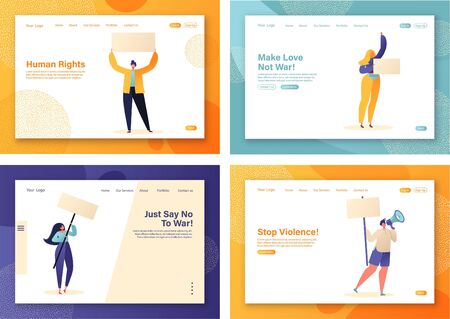 Website landing page set with flat cartoon protesting people against war, human rights violations and violence Characters with placards and signboard on strike or demonstration, riot, picket, protest.のイラスト素材