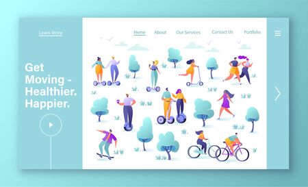 Healthy lifestyle concept for landing page template. Active people in the park. Summer park man and woman characters running, riding bicycle, skateboarding, roller skates, fitness. Flat cartoon styleのイラスト素材