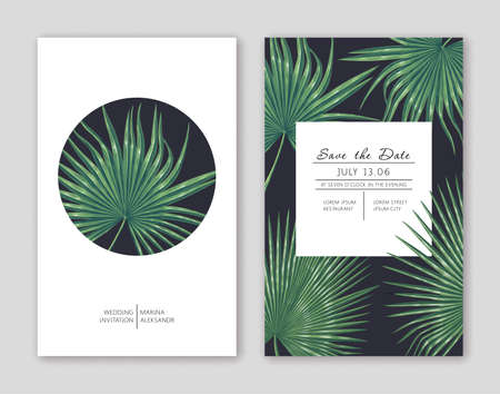 Save the date template with realistic tropical leaves of banana palm flowers. Ideal for greeting cards, posts in social networks, discount banners in online, offline stores, cosmetics labelのイラスト素材