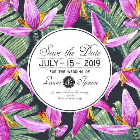 Save the date template with realistic tropical leaves of banana palm flowers. Ideal for greeting cards, posts in social networks, discount banners in online, offline stores, cosmetics labelのイラスト素材