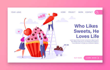 Landing page concept with sweets production. Flat cartoon people make delicious cupcake. Man presses cream on cupcake, another character decorated with chocolate balls, girl puts large cherry on top.のイラスト素材