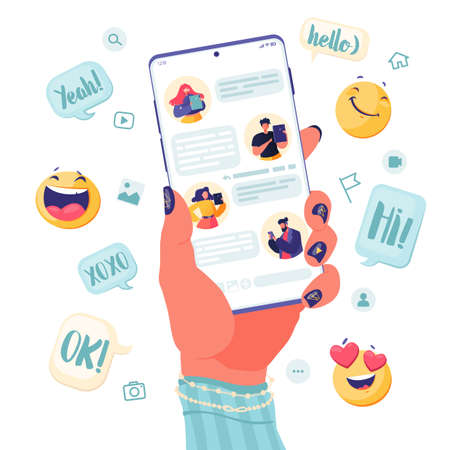 Female hand with smartphone. Phone displays chat with friends. Modern young people communicate on Internet, concept of social networks and virtual communication, modern technologies and messengersのイラスト素材