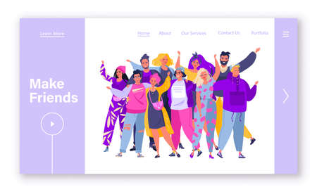 Friendship concept for landing page design. Website page template with group of hugging people. Characters happy, smiling, waving hands. Human relationships, friendship, teamwork, community.のイラスト素材