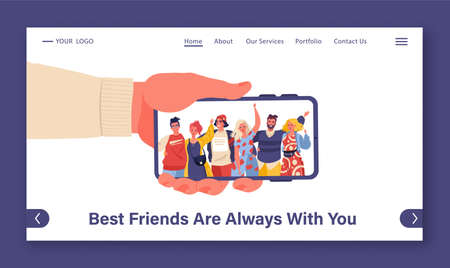 Friendship, social media and modern technology concept for landing page design. Hand holds phone with photo of happy hugging people. Support, teamwork, unification, community, human relationships.のイラスト素材