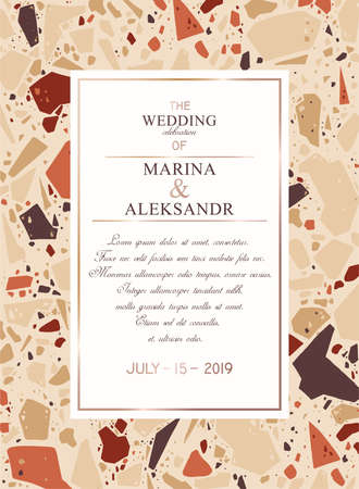 Template for text, wedding greeting invitation card, poster, social media banner or advertising announcement. Marble texture, terrazzo, abstract geometric background shapes, pieces, stone fragments.のイラスト素材