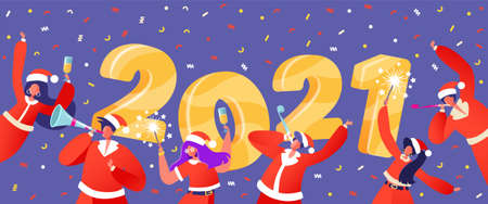 Vector illustration with people celebrating New Year in flat cartoon style. Characters are dancing,...