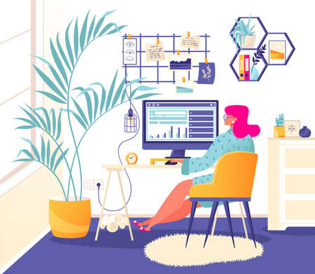 Woman freelancer works at home at the computer. Remote work concept, self-employment or telecommuting during quarantine. Cozy interior of modern apartment, character in flat cartoon style.のイラスト素材