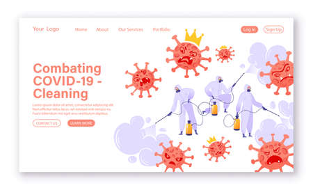 Combating covid, disinfection, surface treatment for the landing page. Web page template with people in protective suits, overalls and respirators, spray antibacterial liquid on evil viruses.のイラスト素材