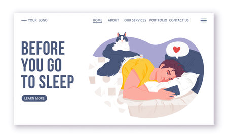 Daily routine, bedtime, insomnia, social media and chats concept for landing page template. Young man lying in bed with contented cat and texting in application on phone with friends or his girlfriendのイラスト素材