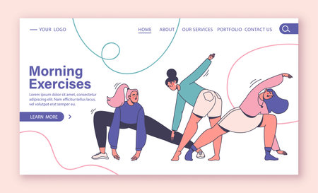Concept for web page, landing page, web design. Healthy lifestyle, exercise in the morning. Female characters in modern flat style with outline, go in for sports, fitness, yoga, workout.のイラスト素材