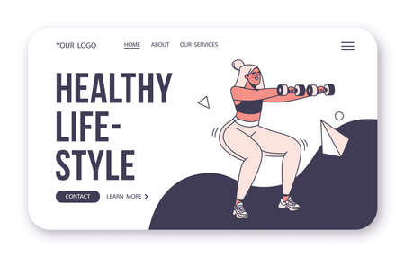 Sport, healthy lifestyle concept for landing page template. Happy female character engaged in fitness, morning exercises, squats with dumbbells. Modern fashionable, smiling girl, vector illustration.のイラスト素材