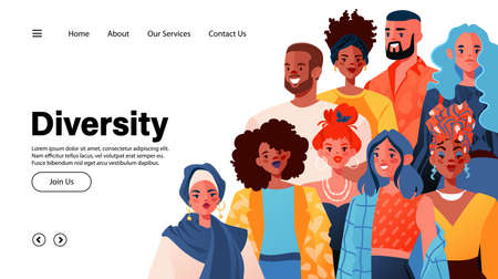 Concept for landing page template, design websites with people of different nationalities. Group of smiling men and women standing together. Equality and combating racial prejudice.のイラスト素材