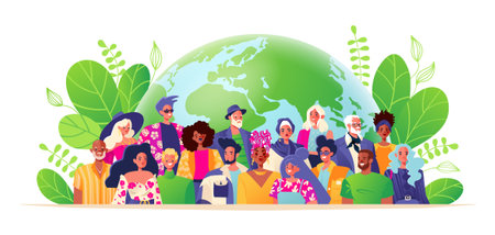 Multicultural vector characters smiling people of different nationalities on background of globe. International communication, concept of friendship, equality, unification of all people on Earthのイラスト素材