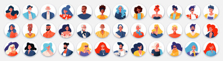 Set of portraits, avatars, icons with cute vector characters in a flat cartoon style. Modern stylish...
