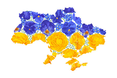 Floral Map of Ukraine. Project and concept of support for country during war. Support Ukraine and her citizens. Realistic flowers of Buttercups, Pansies and Forget-me-nots in colorの写真素材