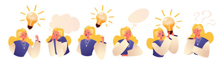 Brainstorming, idea concept. Set of emotional character girl working on brilliant idea, concept of finding solution, thinking, light bulbs as symbol of solutions knowledge, creativのイラスト素材