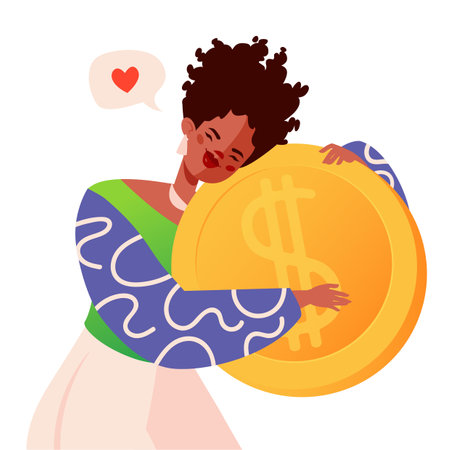 Vector cartoon illustration with cute girl hugging large gold coin with dollar symbol. Concept of successful business, investments, financial growth, or excessive love of money.のイラスト素材
