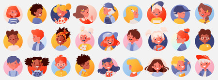 Set of portraits, avatars of children. Modern stylish diverse characters, different nationalities and ages. Smiling boys and girls. Flat cartoon style isolated on white background.のイラスト素材
