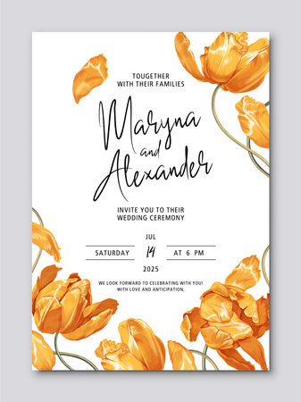 Floral wedding invitation template, yellow tulip flowers.Template design with highly detailed, vector, realistic, spring flowers. Place for text, advertisement, flyer, postcard, coのイラスト素材