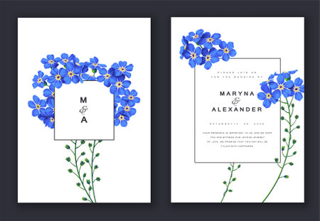 Vector template advertising, postcards, social media banners set of flowers forget-me-nots. Realistic, hand drawn, detailed floral elements in Save the Date's floral design weddingのイラスト素材