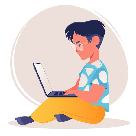 School-age or preschool-age child using laptop computer. Distance learning. Early development with help of modern technology or computer addiction, student cartoon vector characterのイラスト素材