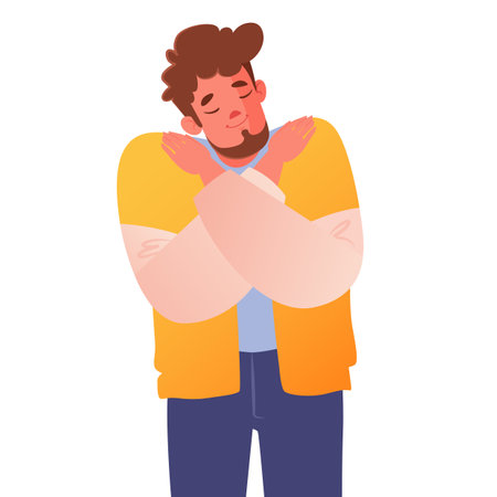 Young man hugging himself. Wrapped his arms around himself around his shoulders. Method technique of self-soothing when experiencing stress. Concept of self-love or taking care ofのイラスト素材