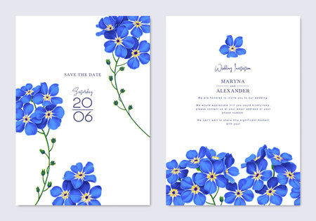 Spring, trendy, greeting or invitation card, template design with forget-me-not flowers in realistic style with high detail. Hand drawn, vector poster, card, cover, party, or sociaのイラスト素材