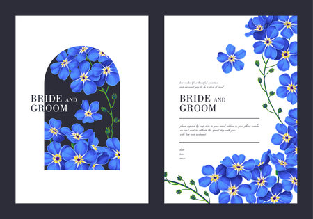 Vector templates of forget-me-not flowers. Realistic, hand-drawn, detailed plants. Advertising, postcards, banners in social networks, wedding invitations, save the date, certificaのイラスト素材