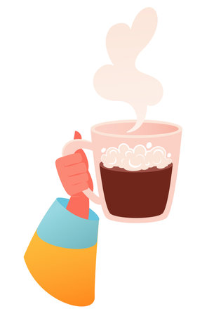 Hand drawn vector illustration isolated on white background of hand in bright cozy sweater holding coffee drink. Latte with foam, cappuccino or cocoa. Steam from a hot drink risesのイラスト素材