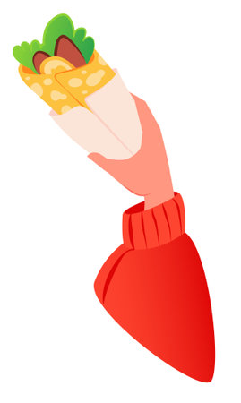 Vector illustration of hand holding pita bread with filling, shawarma, or kebab. Hand drawn isolated on white background. Topic of fast food, or traditional food in different cultuのイラスト素材