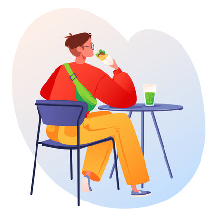 Bright illustration of a young man or teenager sitting at a table in an cafe or food court of a shopping center. Flat cartoon character eating shawarma or kebab. Hand drawn vectorのイラスト素材