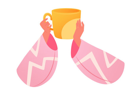 Cup of coffee or tea in cafe or at home. Female hands holding mug for takeaway, drink to go. Hot morning drink. Flat graphic. Vector illustration isolated on white background clipのイラスト素材
