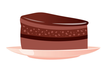 Piece of cake, sweet birthday dessert with chocolate icing. Multilayered dessert with chocolate cream and sponge cake on a white plate. Vector illustration isolated on white backgrのイラスト素材