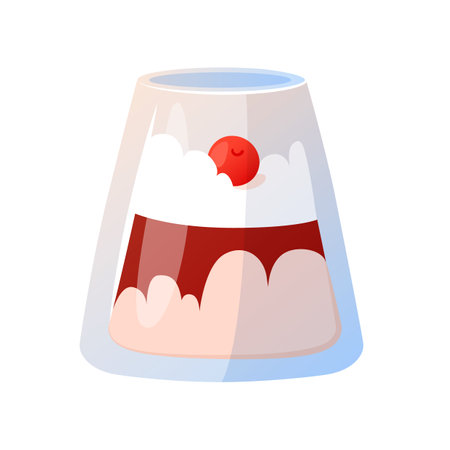 Vector illustration of delicious multi-layered dessert in a glass cup. Cream, cocoa, or chocolate mousse, sponge cake, and cherry. Cute hand drawn clip art isolated on white backgrのイラスト素材