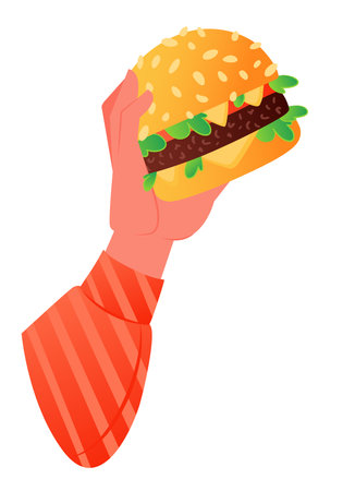 Human hand holds burger. Street snack, concept of fast food, guilty pleasure, very tasty food. Juicy big burger with soft bun with sesame seeds and green salad, with large juicy paのイラスト素材