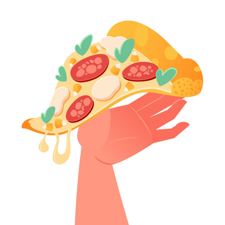 Hand holding, taking triangle of pizza. Italian fast food, cut snack. Salami sausage and mozzarella cheese, greens, spinach, basil or arugula fast food meal. Flat graphic vector ilのイラスト素材