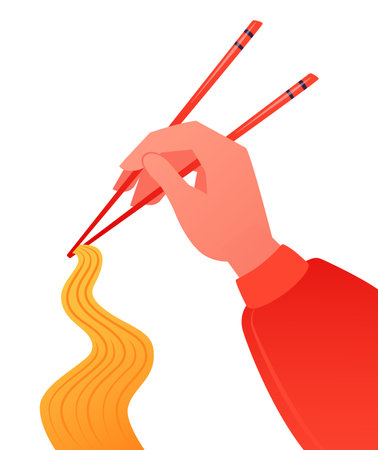 Vector illustration on the theme of Asian traditional food. Stylized hand-drawn clip art with a hand holding noodles with chopsticks. Isolated on white background flat vectorのイラスト素材