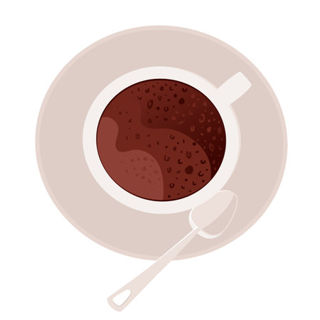 Top view of cup with saucer and teaspoon. Coffee break, morning coffee concept vector flat illustration of americano or espresso with foam isolated on white background.のイラスト素材