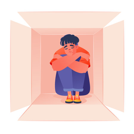 Psychological metaphor. Desire to hide from world in order to preserve one's health, or to restore one's mental state. Young man, physically and mentally exhausted,のイラスト素材