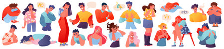 Set of emotional states of people, crisis, negative shocks, depression, sadness, keeping boundaries, ability to say "no", expressing anger. Vector female and male in different poseのイラスト素材