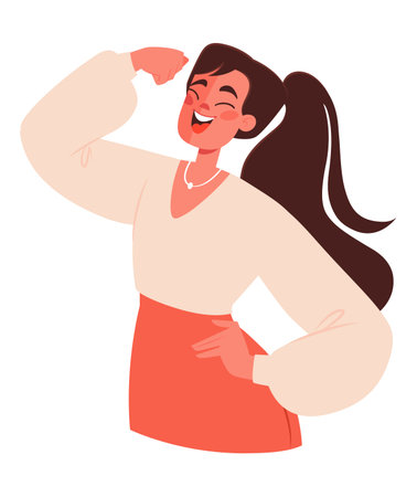 Very happy smiling woman satisfied with success makes gesture YES body language. Concept of positive emotions, achievements in self-development or work, symbol of success, victory.のイラスト素材