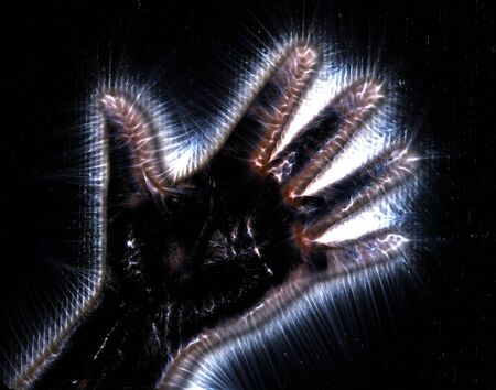 Glowing human female hand with a kirlian aura showing different symbols
