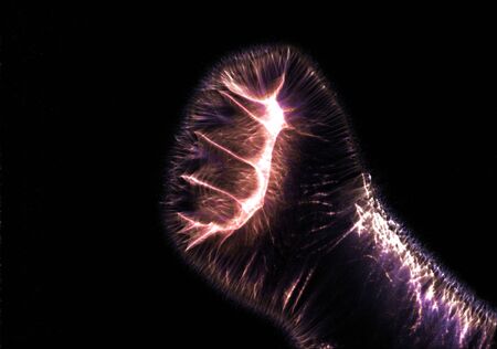 3D-Illustration of a glowing human female hand with a kirlian aura showing different symbolsの写真素材