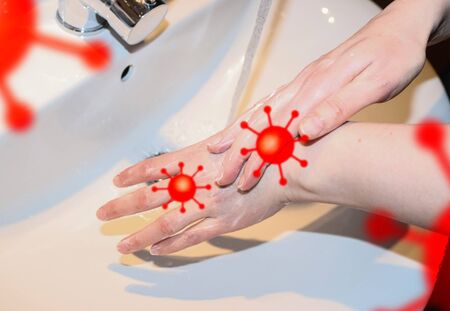 Cleaning and washing hands with soap prevention for outbreak of coronavirus 2019-ncovの写真素材