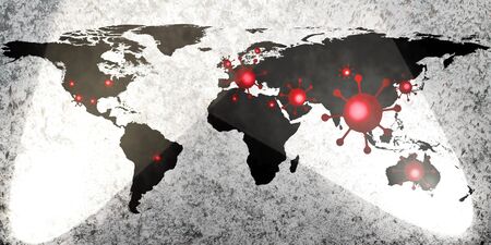 World map view on corona virus spots with aura photographyの写真素材