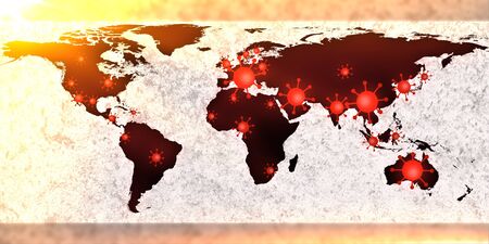 World map view on corona virus spots with lightpaint and sketch techniquesの写真素材